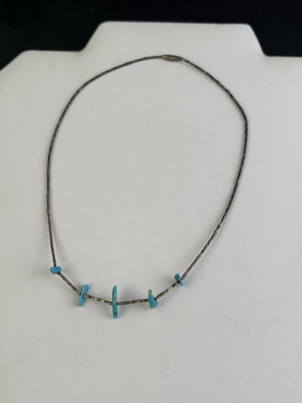 Vintage Navajo Handmade 15” Liquid Silver Necklace with 5 Turquoise 3.27 Grams